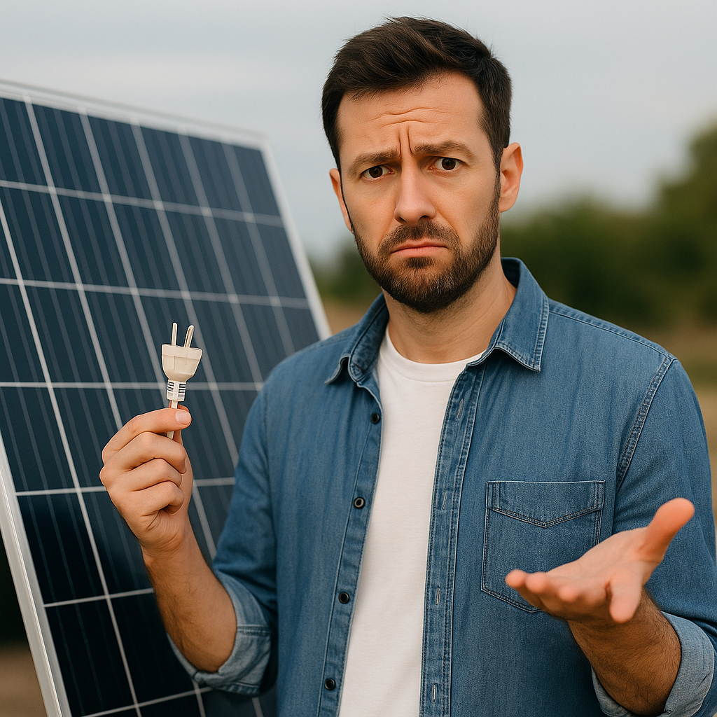 Mann zieht verwirrt Stecker neben Solarpanel